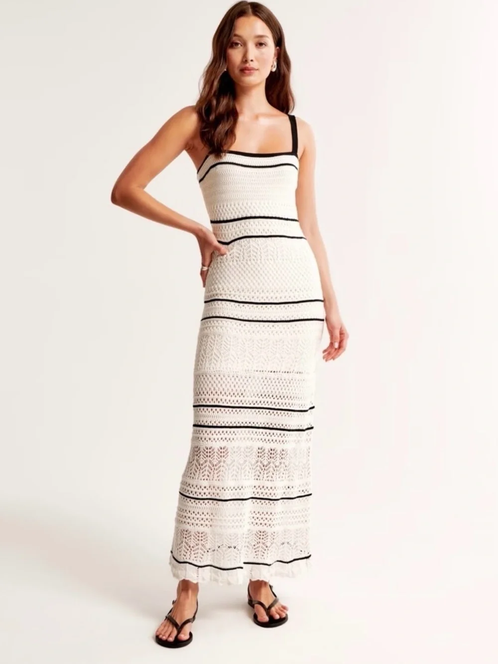 Abercrombie Crochet Knit Maxi Dress Cream Black Trim Boho NWT XXS
